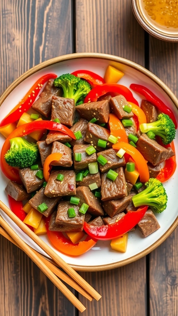 Low carb Korean beef stir-fry with beef, bell peppers, and broccoli, garnished with green onions and sesame seeds.